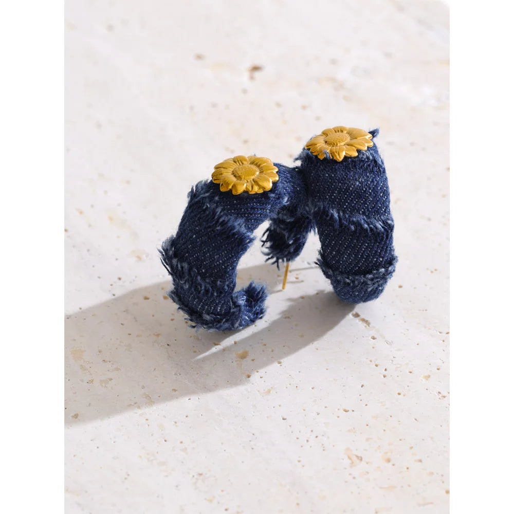 Yhpup Creative Blue Denim Flower C Shape Hoop Earrings Women Stainless Steel Popular Jewelry Autumn & Winter New 2025 Wholesale