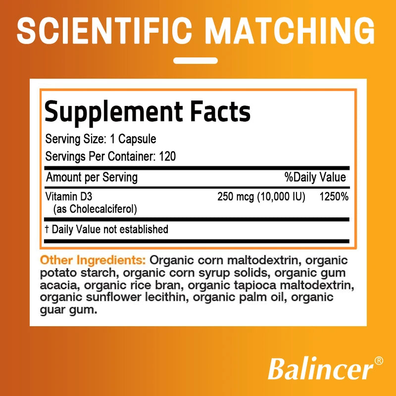 Vitamin D3 Supplement, Supports Calcium Absorption, Fights Fatigue, Boosts Immune System, Strengthens Muscle, 120 Capsules