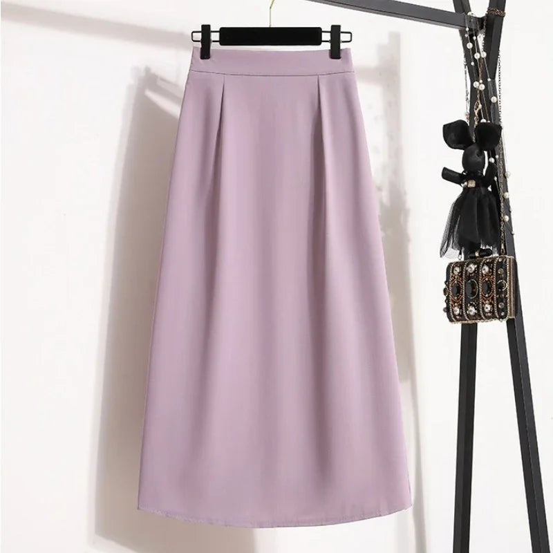 2025 Summer Female Fashionable Versatile Solid Skirts High Waisted Mid Length A-line Plus Size Skirt Split Wrap Body Skirt Purple