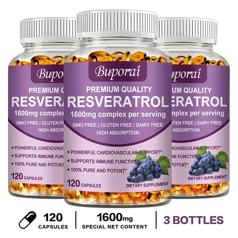 Resveratrol Capsules - Anti-aging, Antioxidant, Skin Support, Cardiovascular Health 120 Capsule-3bottles