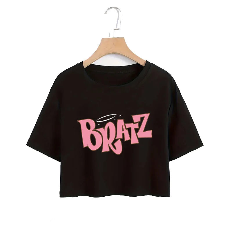 Gothic Bratz Cropped Print Crew Neck T-shirt Y2K Short Sleeve Tight Fit Crop Top Spring Summer Women's Clothing black-91370