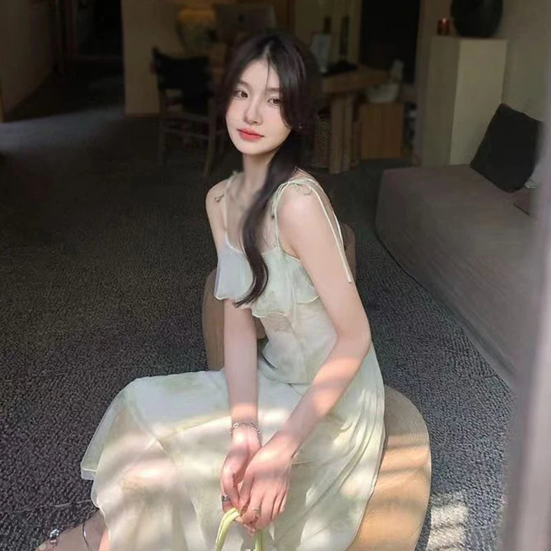 Women's Tie-Dye Floral Sleeveless Halter Dress Summer Waist Slim Long Dress Ruffle Leaf Hem Halter Tenderness Dresses