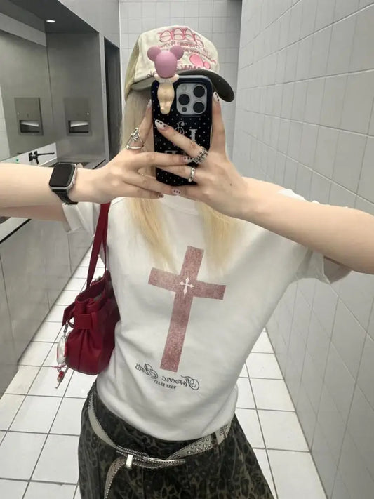 Tawaaiw Gothic Print Cross T Shirt Women Off Shoulder Short Sleeve Graphic Tee Female Clothing Korean Fashion 2000s Clothes Y2k