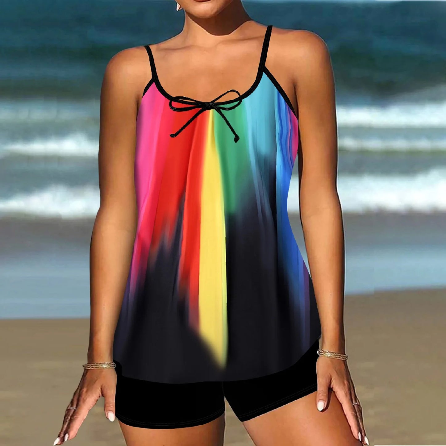 Plus size women's split swimsuit sexy slim printed sling bikini swimwear beach conservative swimsuits two-piece set beachwear Multicolor