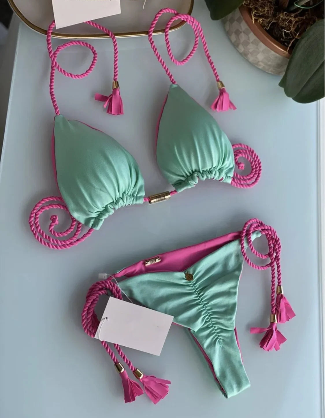 New Women Bikini Backless Rope Triangle Swimsuit Multicolor 8254
