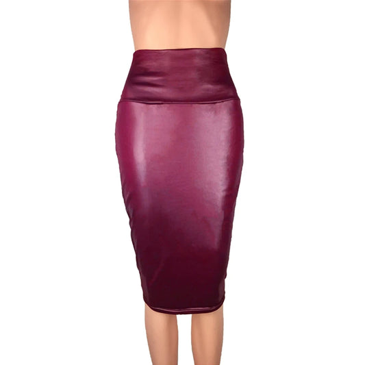 Leather Skirt Back Split Women Sexy Bodycon Pencil Skirt Sexy Office Lady Pencil Package Skirts High Waist Summer Long Skirt Wine Red 01