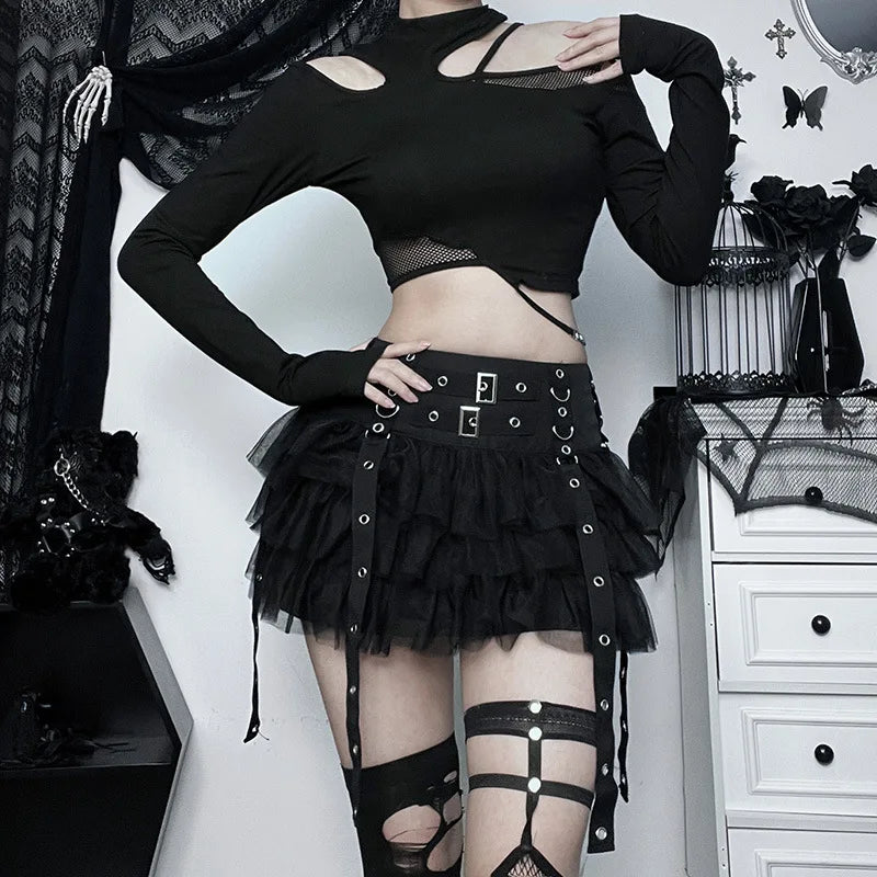 Y2K Street Dark Devil Cloth Strip Pleated Skirt Metallic Buckling Lace Layer Cake Short Skirt Women‘s High-end Design Sex Skirt