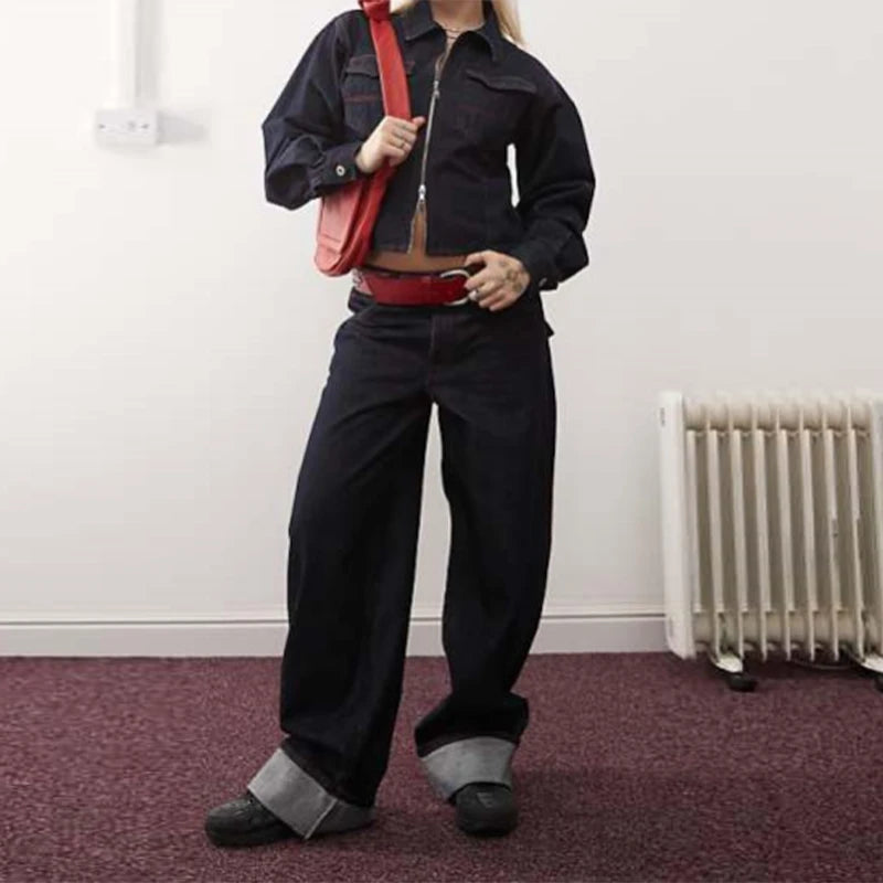 Lapel Zipper Denim Jackets Pants Sets Women Casual Pockets Short Jackets Suit With High Waist Jeans Lady Chic High Street Outfit pants