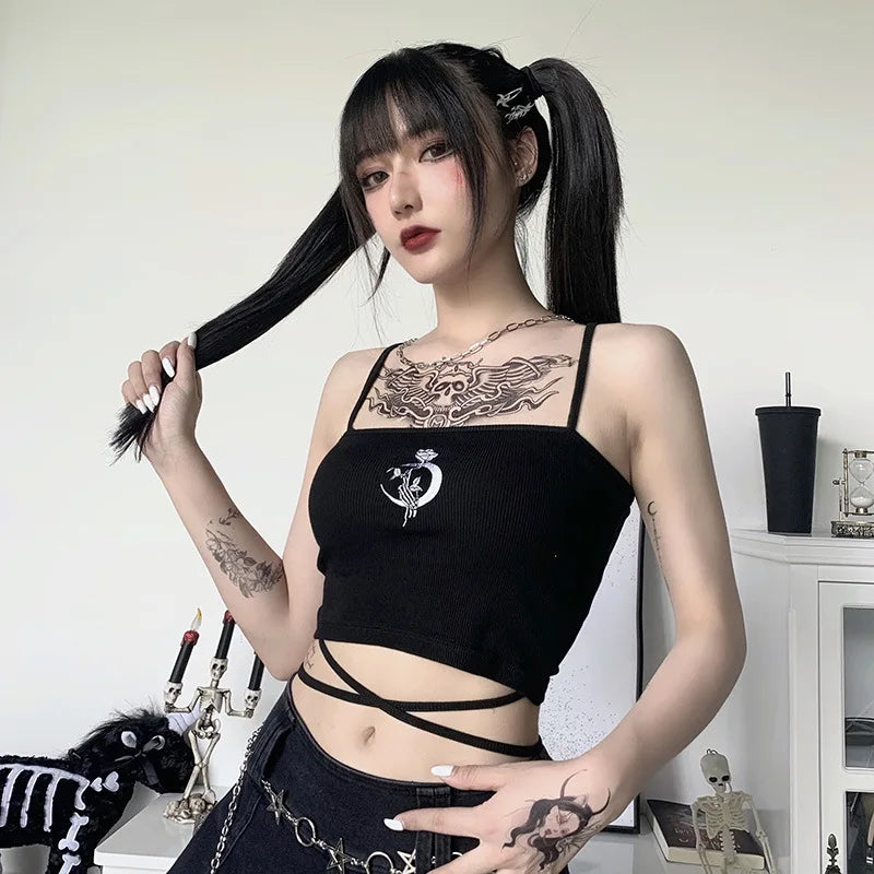 Gothic Women's Print Suspender Sleeveless Square Neck Slim Crop Top Sexy Halter Bottoming Shirt Girls Party Wear