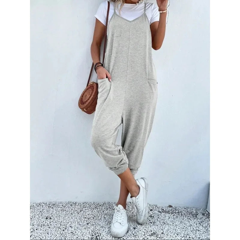 Plus Size 1XL-5XL New Casual Summer Women Loose Sleeveless Strap Wide Leg Jumpsuit with Pockets Comfortable Breathable Clothing GRAY