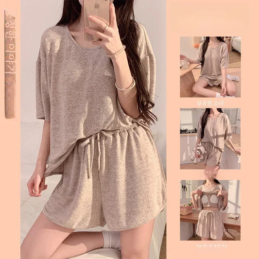 Hot with Chest Pad Pajamas Women 2025 New Summer Pure Cotton Short sleeve Shorts Set Spring and Autumn Loose Homewear