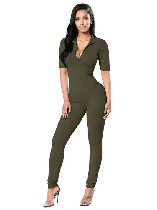 New Autumn and Winter Short Sleeve V Neck Bodycon Jumpsuit Full Lengt Rompers Women Jumpsuits Badiee Stylez