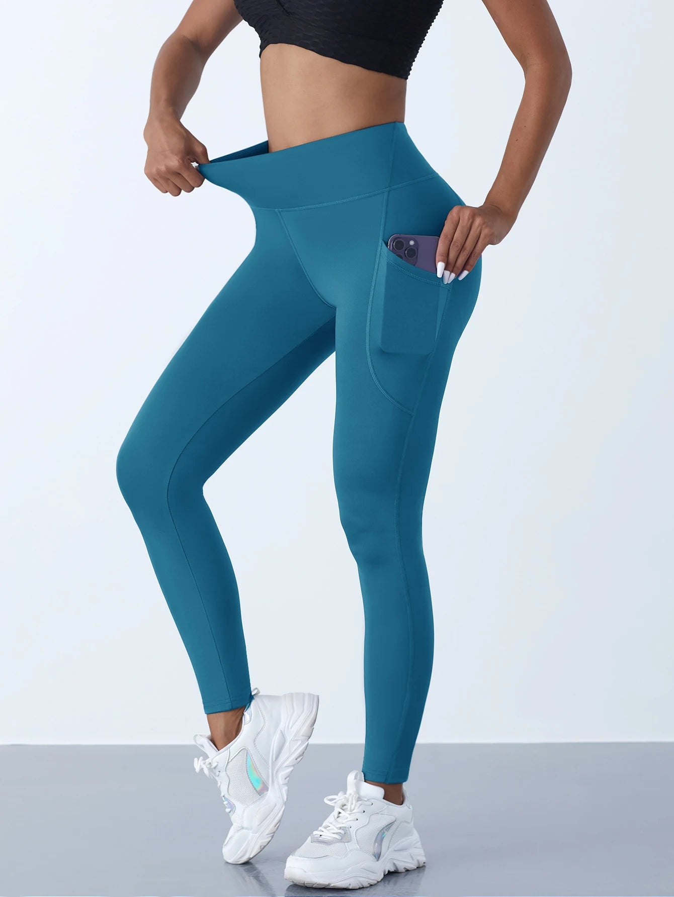 New High Waist Women's Leggings Stretch Yoga Pants Tights With Pockets Push Up Fitness Running Sportswear Solid Color Pants Teal blue