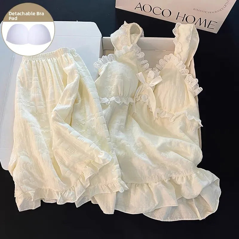 Summer Sexy Strap Spwear Women's ort Pants Loose Fit Home Clothes Set with Chest Pad 2024 New Tread Cotton Thin Woven Apricot (set) mxl3036