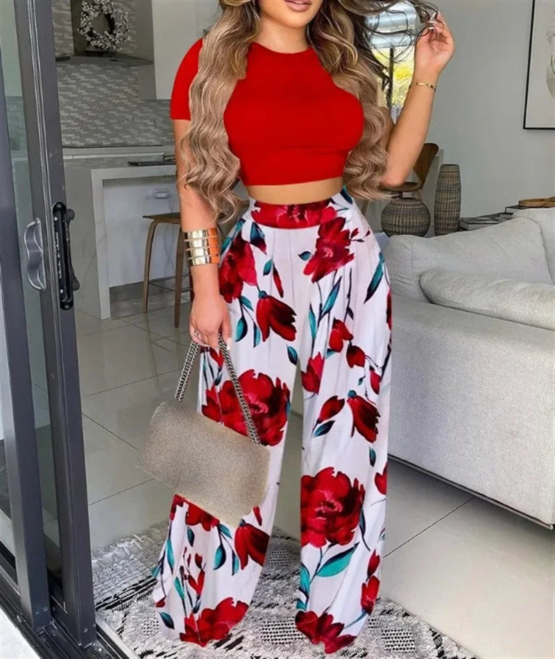 Women Print Pant Sets Two Piece Suit Round Neck Short Sleeve Tops Vests Wide Leg Trousers High Waist Pant Matching Sets Summer red