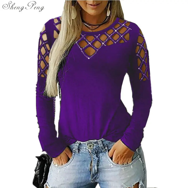 Fashion Hollow Bling Blouse Casual Sexy Rhinestone Solid Top Female Women Tops Long Sleeve Shirt Blusa Pullover 5XL V1755 2