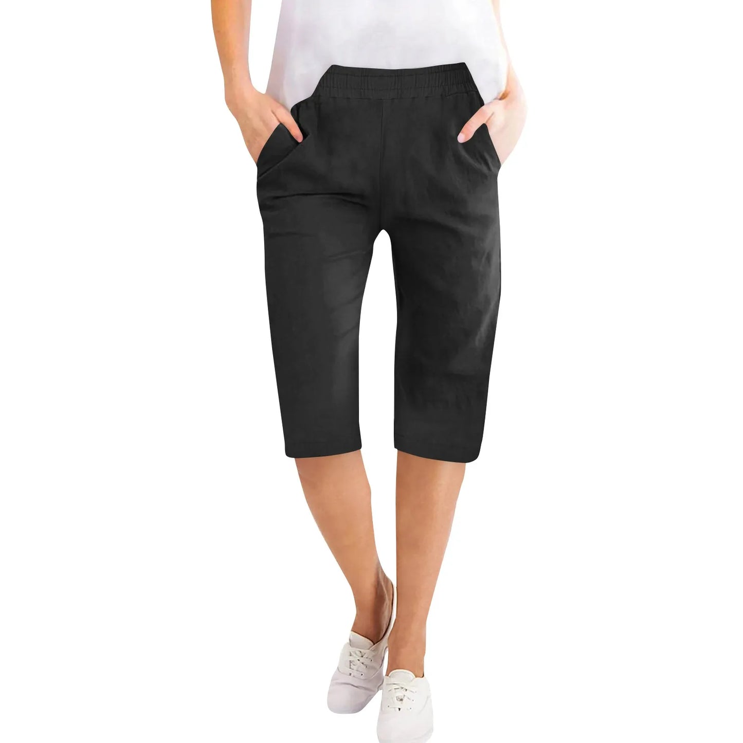 Womens Capris Cotton Linen Pants Drawstring Elastic Waist Pants Casual Cropped Trousers Daily Breeches Five Half Pants Pantalone Black
