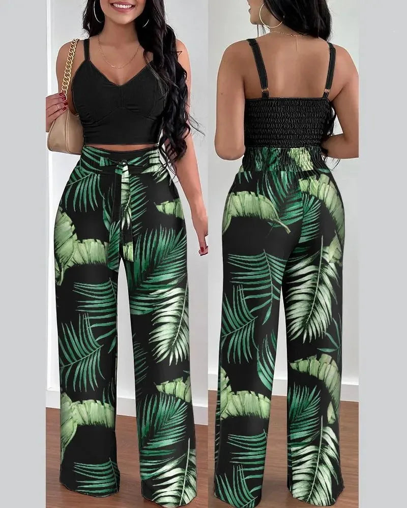 2025 Conjuntos Para Mujeres 2 Piezas Women V-neck Two-piece Set Backless Sleeveless Long Pants Casual 2 Piece Sets Women Outfit green