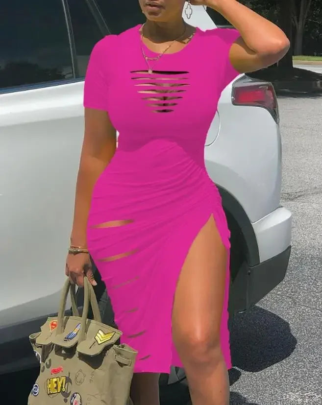 Women's Dresses 2023 Summer Fashion Contrast Leopard Print Drawstring Ruched Casual O-Neck Short Sleeve High Slit Skinny Dress Rose Red