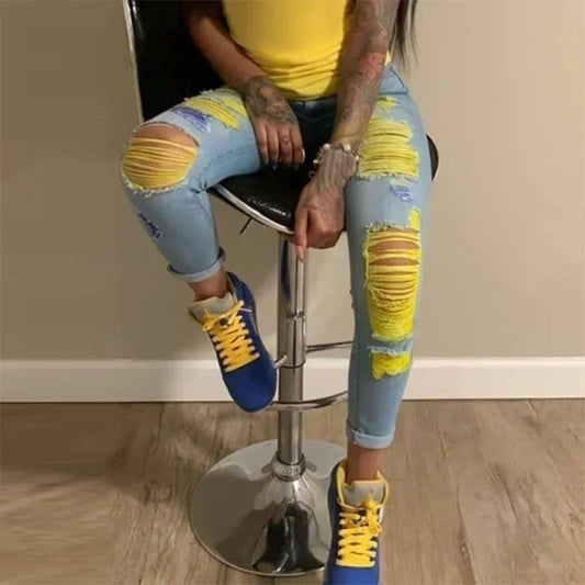2025 New Ripped Jeans For Women Yellow Scratch Denim Pencil Pants High Waisted Stretch Skinny Hollow Out Sexy Female Mujer