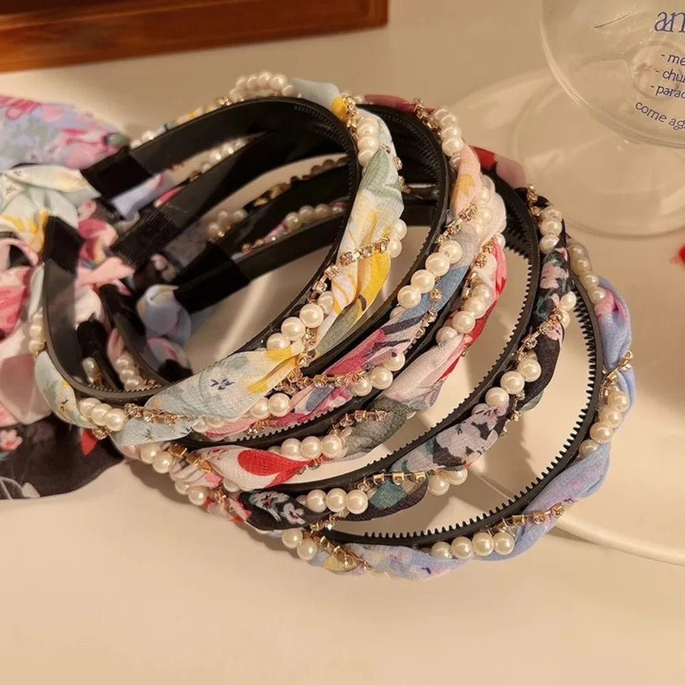 Retro Silk Scarf Headband Floral Print Pearl Braided Hairband Adjustable Bow Non Slip Ribbon Hairband for Women Girls Kid