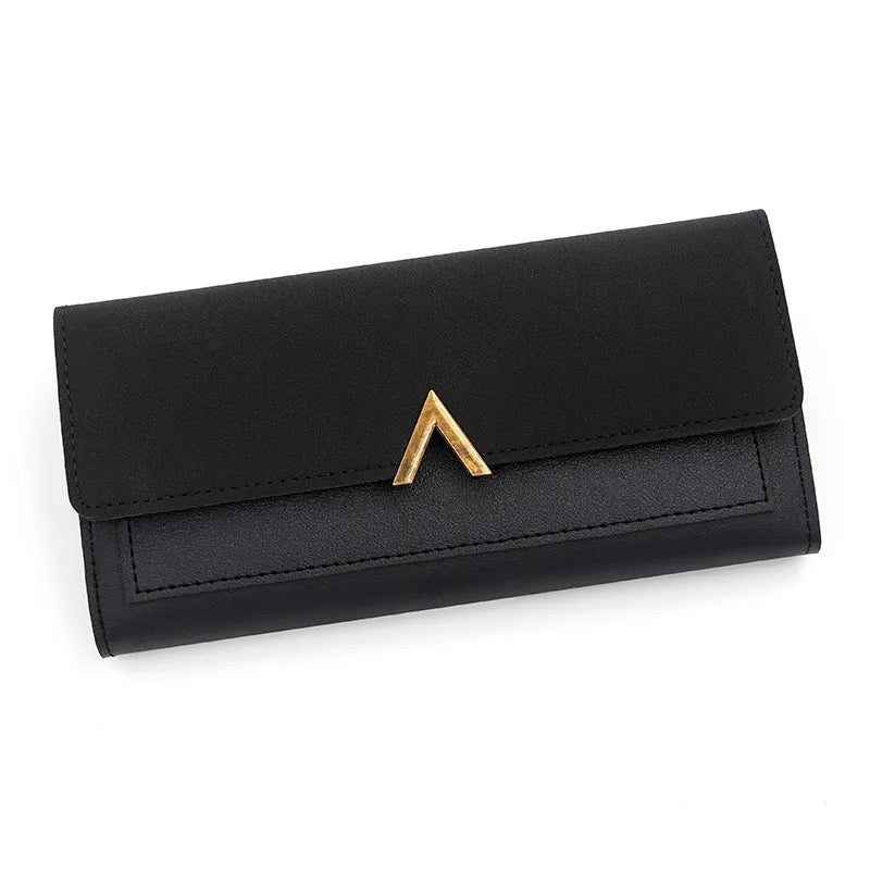 New Korean version women's wallet long V-shaped buckle three fold wallet for women, hand-held bag, change card bag Black