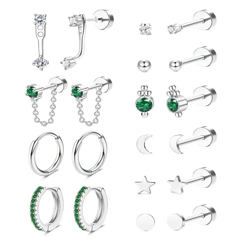20pcs Stainless Steel Delicate Comfortable Green Gemstone Flat Back Earring Set,Hypoallergenic Small Hoop Earrings Jewelry Gifts A1-20pcs-Silvery CHINA
