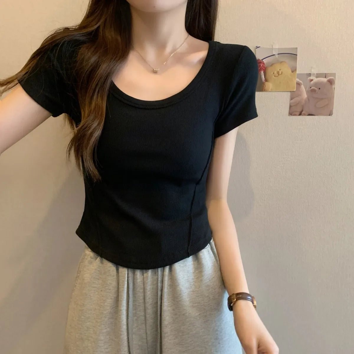 Y2K T-shirt Women V-neck Irregular Short Sleeve Crop Top New Korean Fashion Slim High Waist Solid Tee Shirt Woman Sexy Clothes