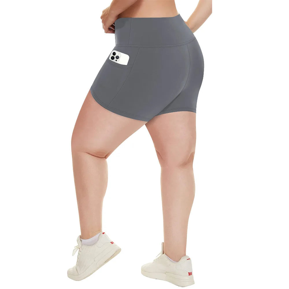 Plus Size Fit Yoga Shorts for Women's High Waist Side Pocket Workout Running Tight Stretchy Athletic Summer Fashion Slim Shorts