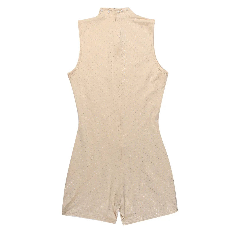 Sexy O-neck Sleeveless Jumpsuit Women Summer Beaded Mesh Rompers Skinny Elegent One Piece Apricot Fashion Hot Combinaison Femme