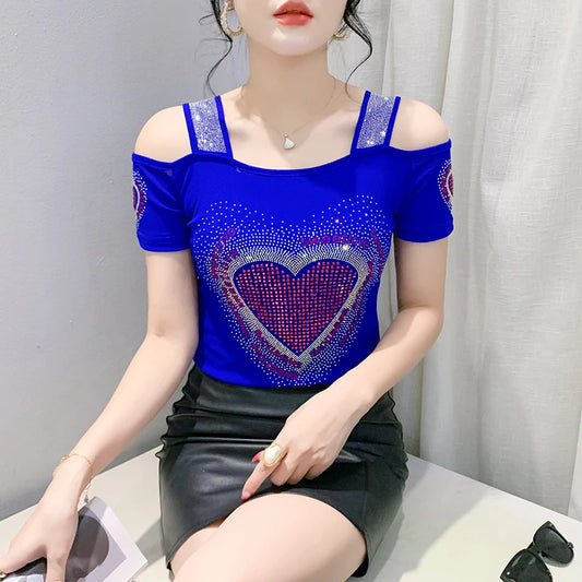 Aoxison Summer Short Sleeved Women's T-Shirt Elegant Slim Shiny Love Heart Diamonds Mesh Tops Chic Girl Sexy Off Shoulder Tees