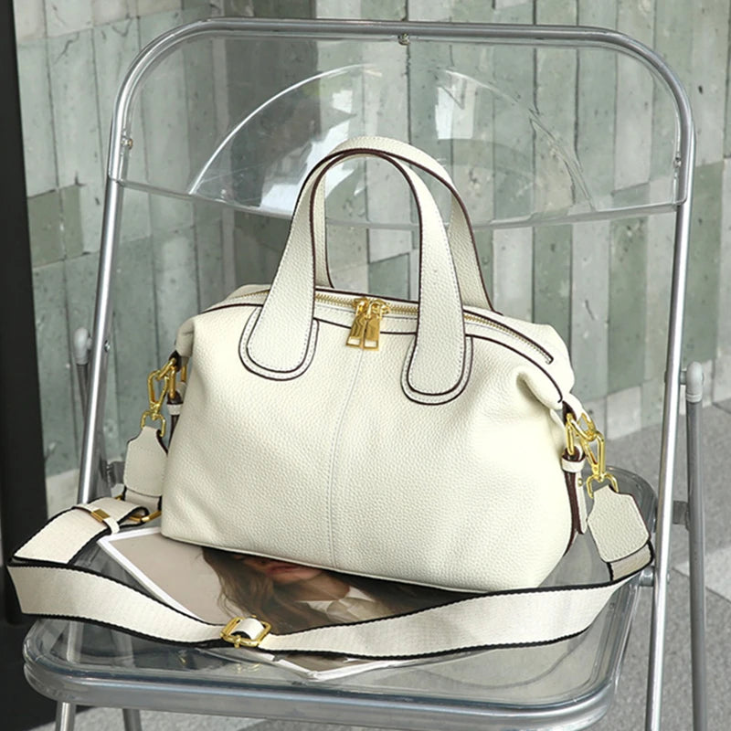 Toptrends Cowhide Genuine Leather Handbags For Women 2025 Luxury Designer Satchel Boston Office Ladies Shoulder Crossbody Bags White