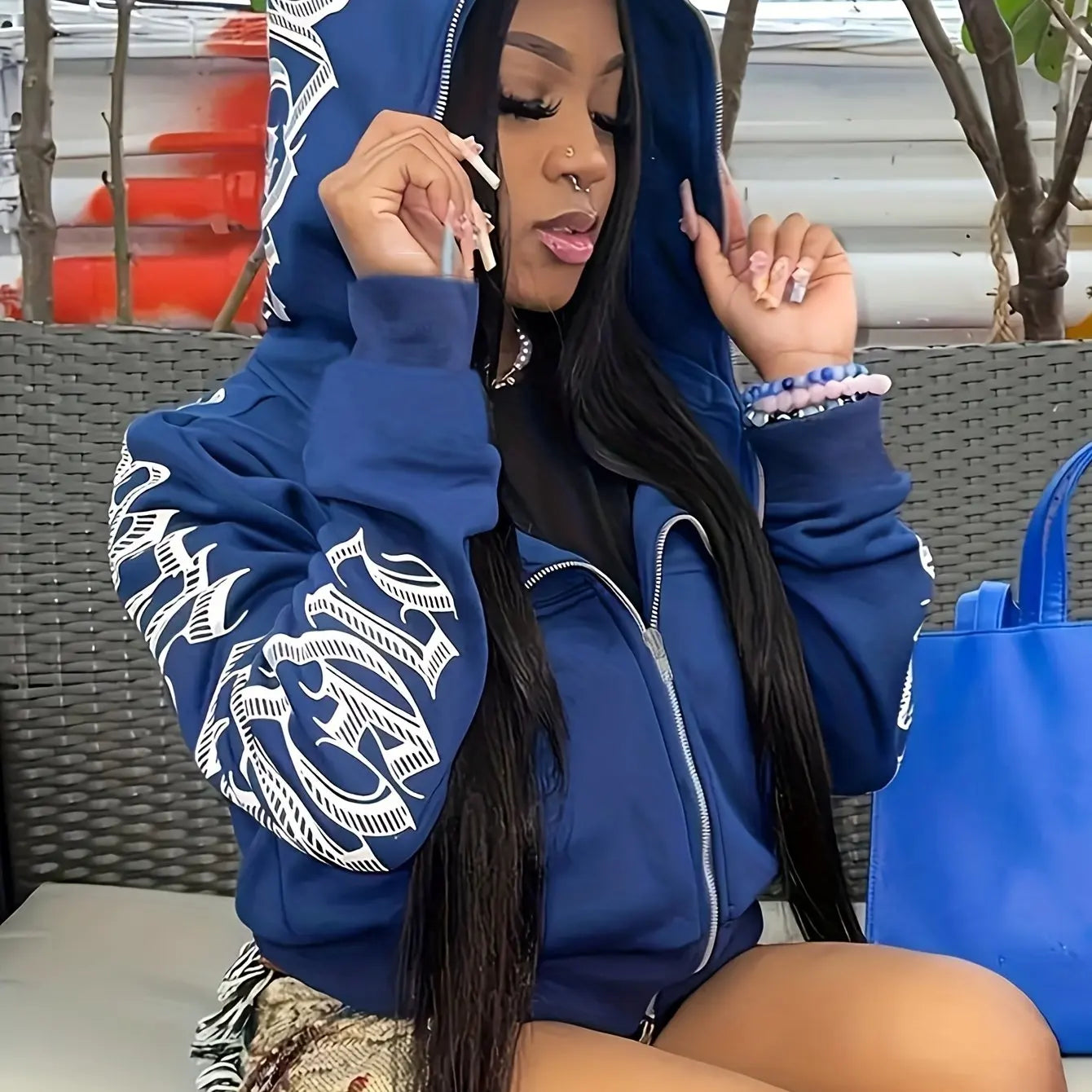 Letter Print Long Sleeve Zip Up Hoodies, Cyber Y2K Gothic Punk Sweatshirt, Women's Clothing Blue