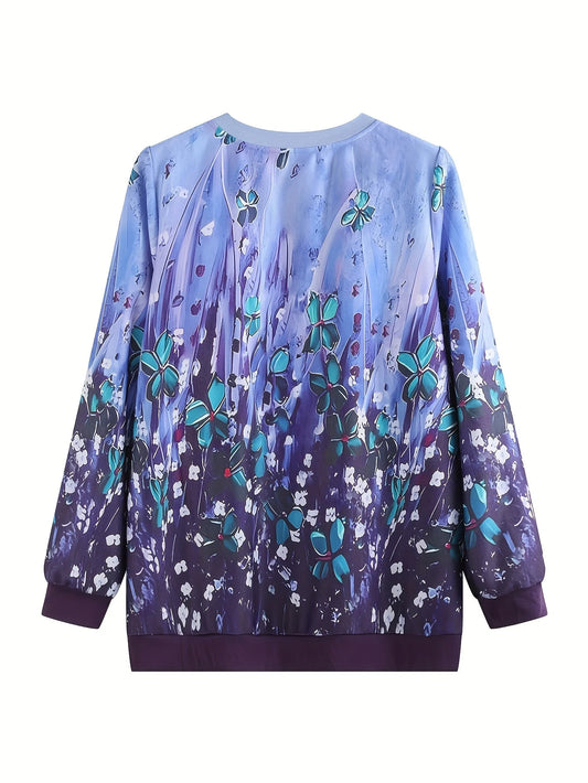 Plus Size Womens Woven Sweatshirt Purple Floral Print Fashion Style Zipper Neck Long Sleeve Top Loose Casual Wear For Spring Aut