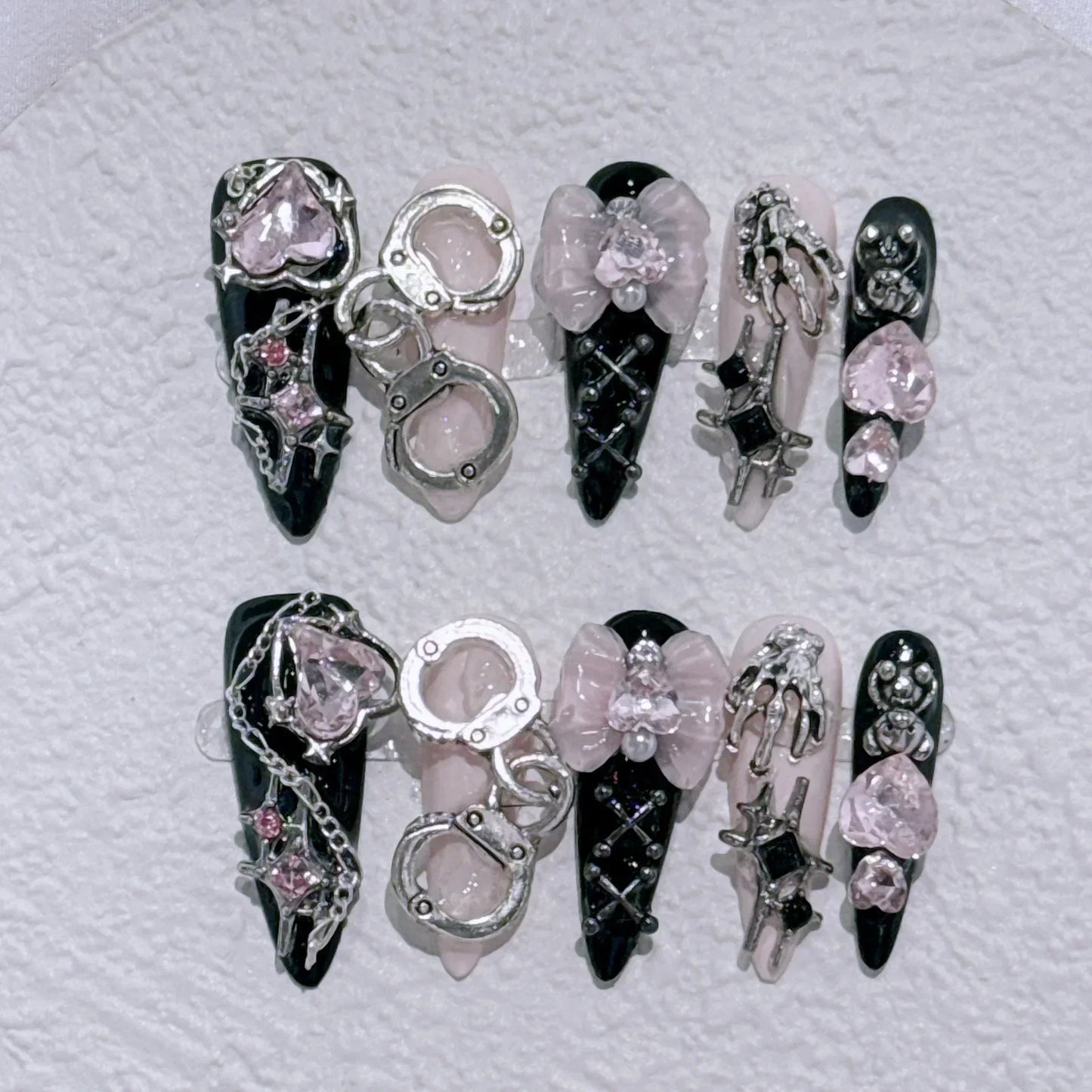 10pcs Ballet Acrylic Long Stiletto Black Glitter Sweet Cool Artificial Nails with Glue Handmade False Nails Y2k Stick on Nails 4 SIZE M