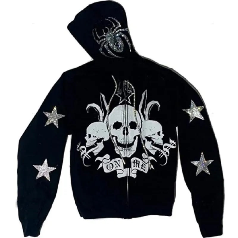 Y2K Rhinestone Cobweb Zip Up Oversized Sweatshirt 2022 Autumn Goth Hoodie Men Women Grunge Hooded Jacket Streetwear Y2K Clothing nz648