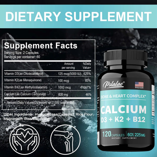 4-in-1 Calcium Supplement with Vitamin D3 K2 B12 - Supports Bones, Teeth, Heart and Immune System Function