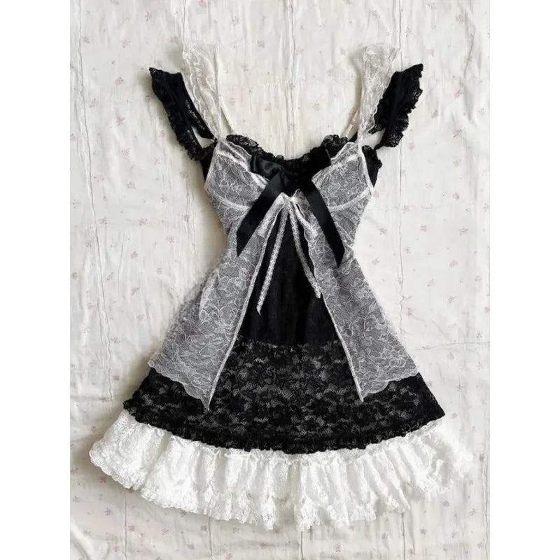 2000s Gothic Vintage Mini Dress Women Sleeveless Strap Party Dress Evening Lace Retro Cltohing Japanese Y2k Black Chic 0968