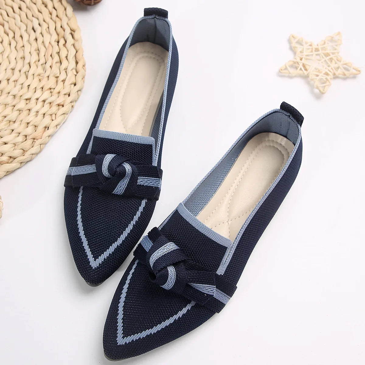 Women Flat Woven Breathable Shoes Female Spring Flats Pointed Toe Slip-on Single Shoes Woman Fashion Casual Bow Low Heel Loafers Dark Blue