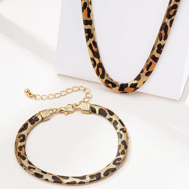 2PCS Leopard Print Snake Chain Bracelet Necklace Set For Women Fashion Jewelry Daily Wear Accessories Trendy New Styles Gifts Badiee Stylez