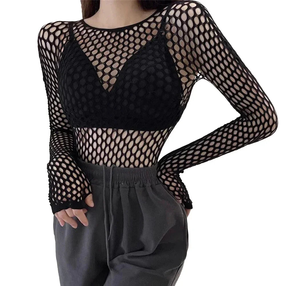 Womens Sexy Mesh Long Sleeve Fishnets Tops Fun Fashion Slim Fit Tops Hollow Out See Through Loose Female T-shirts Crop soft Top 2 One Size CHINA