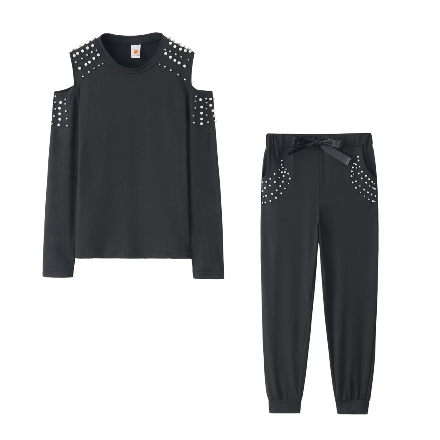 2 Pieces Set Women Europe Fall 2022 Outfit Sexy Nail Bead Pure Color Round Collar Long Suit Sports Set Dropshipping ZXP9596