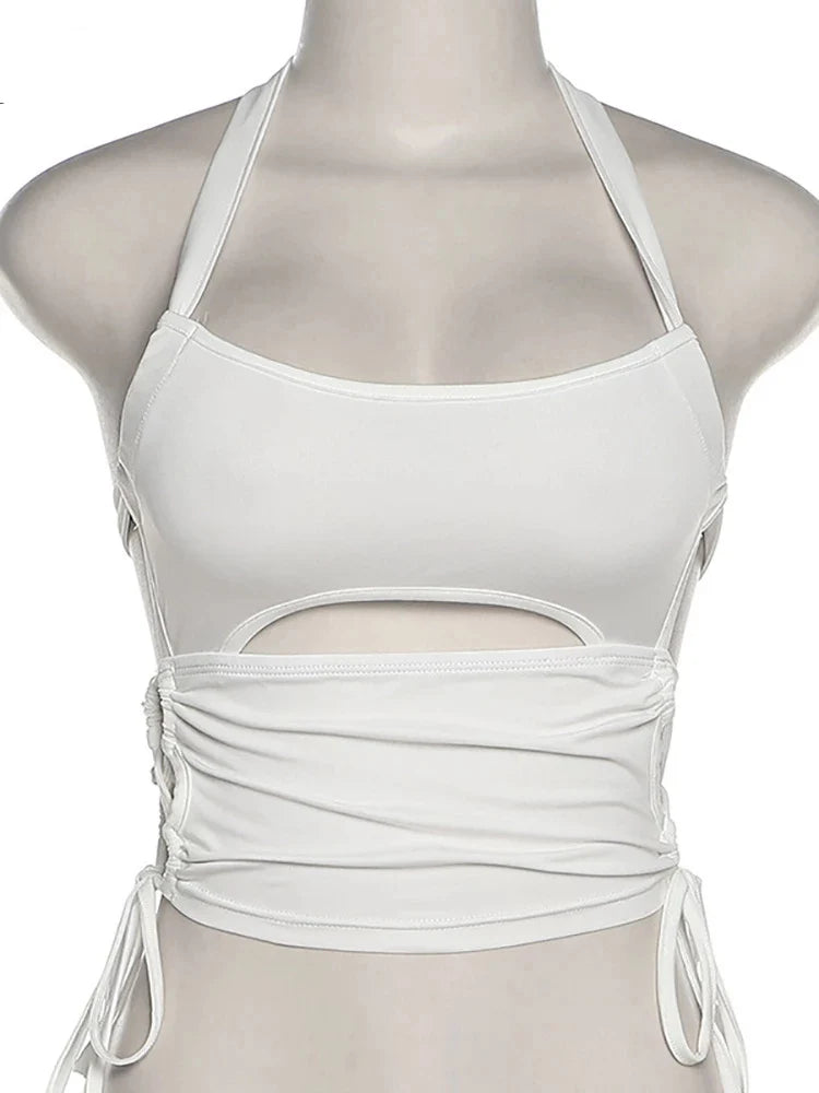 Y2K Sexy Backless Summer Crop Top Women Hollow Out White Sleeveless Bandage Halter Tank Tops Streetwear Cami 90s