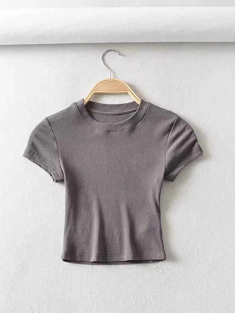 Summer Sexy Women O-neck Short-sleeve T-shirt Slim Elastic Skinny Crop Tops GRAY