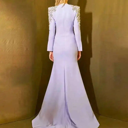 QMQA Fashion Women's Evening Dress Bead Diamond Spliced V Neck Long Sleeve High Waist Maxi Party Dresses 2025 Spring New QM324 Badiee Stylez