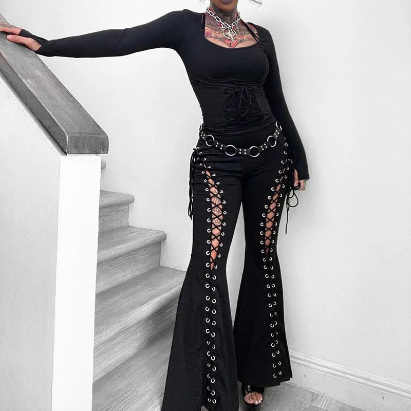 Y2K Summer Cross-band Strap Art Micro-flare Casual Pants Metal Buckle Decoration Personal Pants Women Versatile Sexy Slim Pants