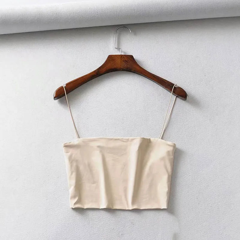 2022 Summer Women's Crop Top Sexy Elastic Cotton Camis sleeveless Short Tank Top Bar Beige