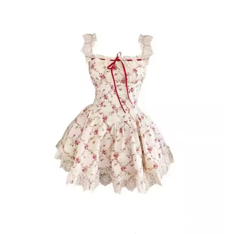 Y2K Sweet Floral Dress Set Woman Casual Red Short Cardigan Elegant Lace Mini Dress Female Korean Prairie Chic Clothing Suit Only Dress
