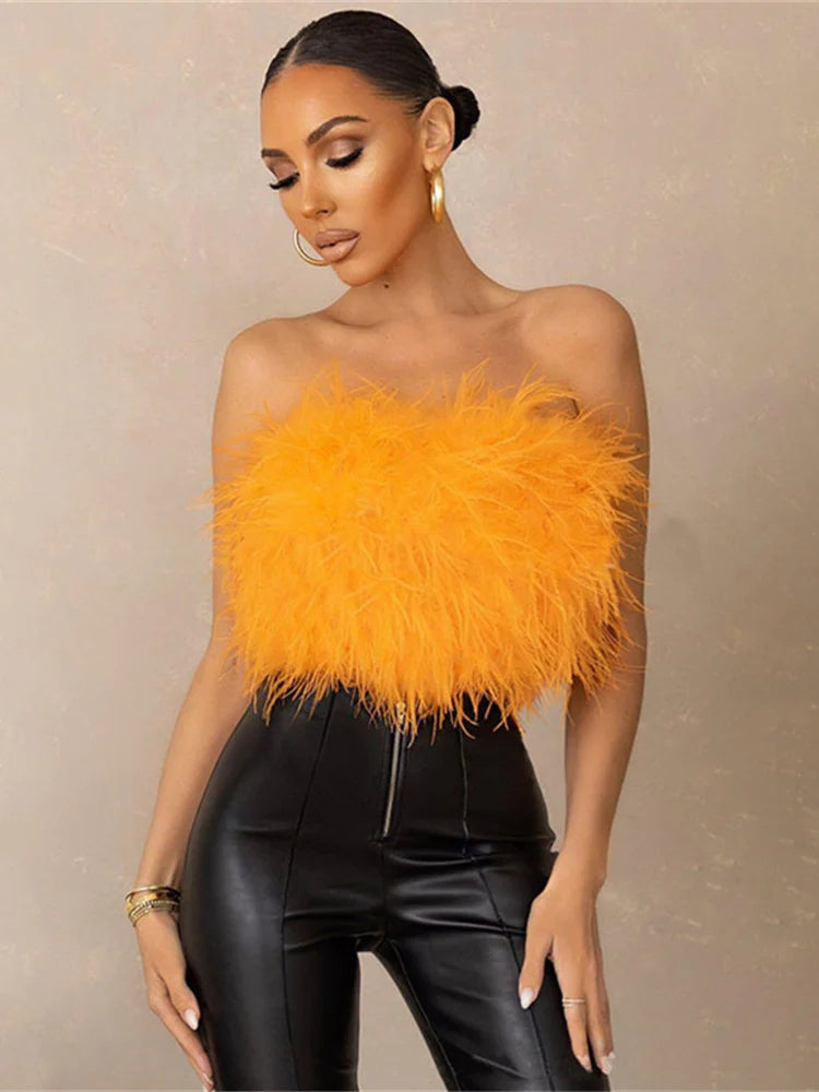 WESAYNB Wholesale Clothing Summer y2k Clothes Sexy Corset Tops Feather Strapless White Crop Tops Women 2022 Backless Design Top