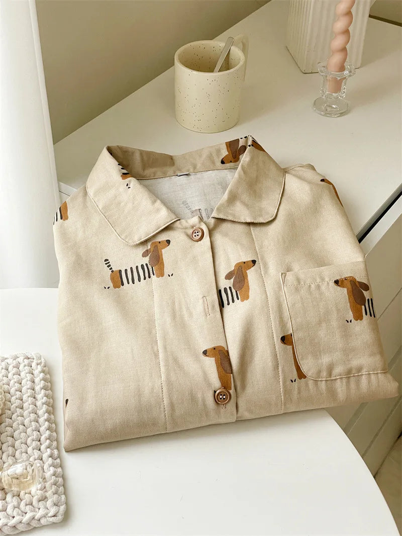 Spring Autumn 100% Cotton Women's Pajamas Cute Dachshund Print Two Pieces Set Long Sleeve Tops Full Length Pants Sleepwear 49910